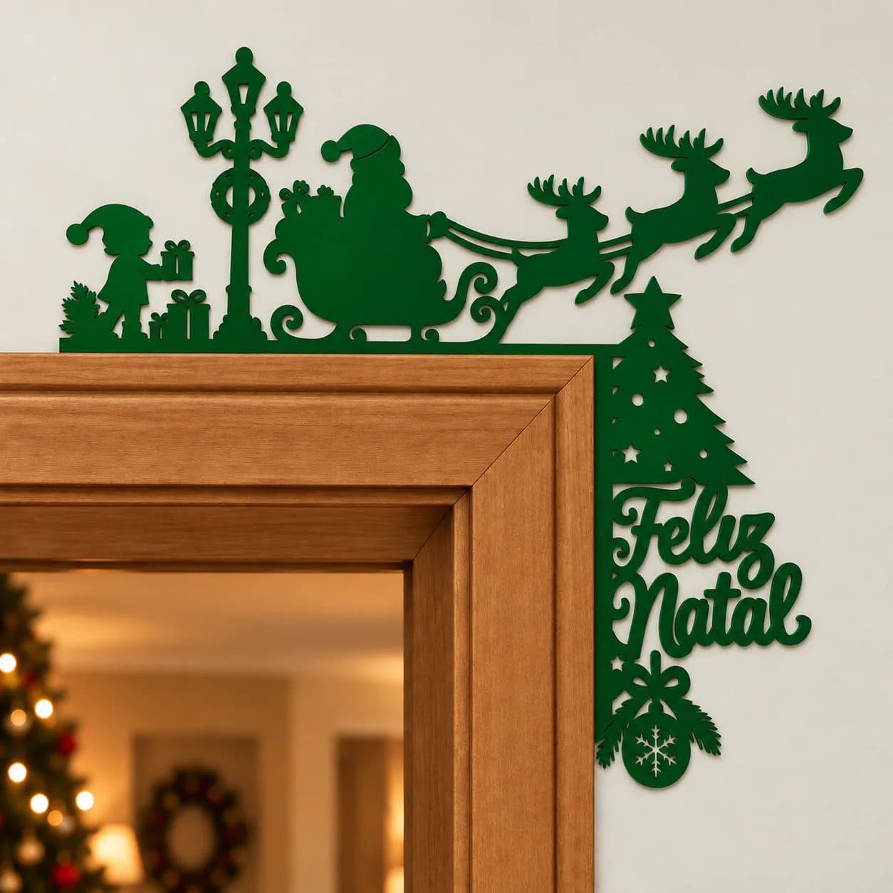 Enfeite de Porta com Trenó, Renas e Feliz Natal
